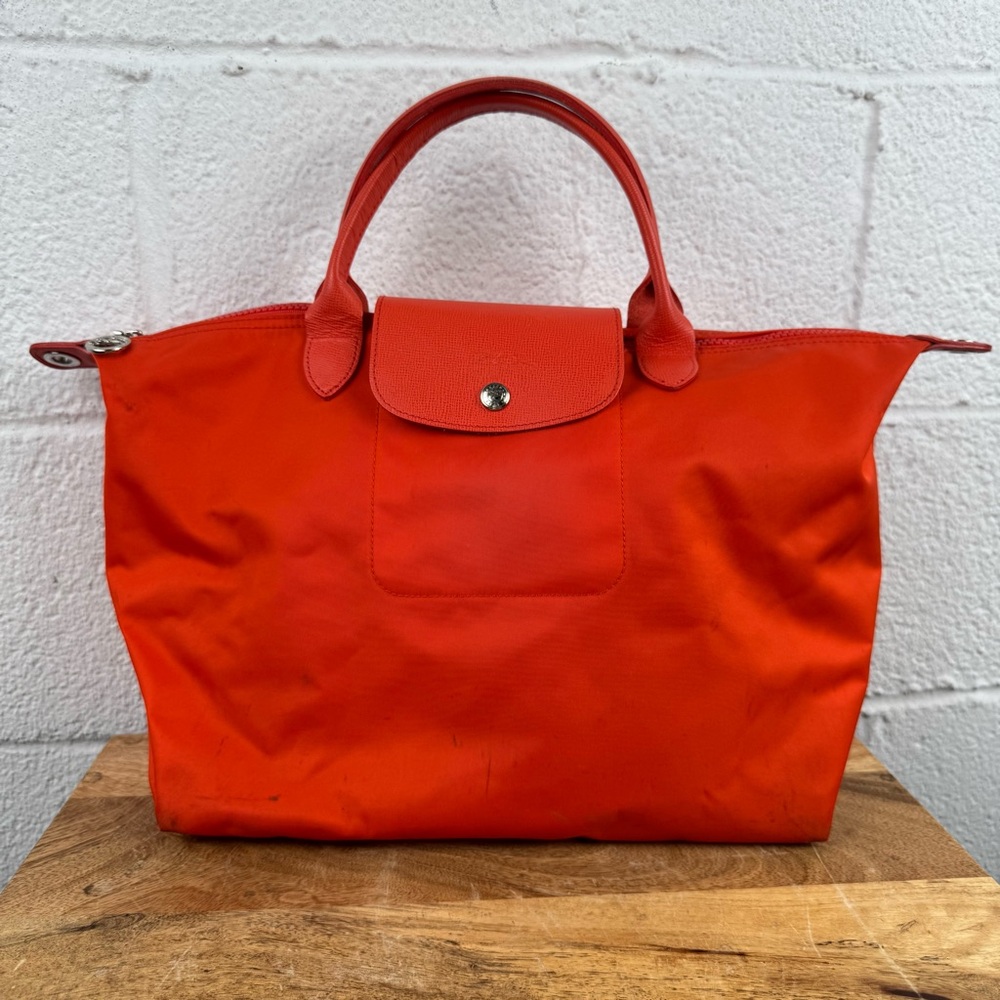 Longchamp Orange Nylon Le Pliage Tote with Top Handles